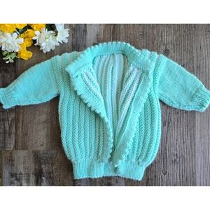 Vintage‎ Handmade Baby Girl Chunky Knit Sweater Cardigan Mint Green Size 3-12m